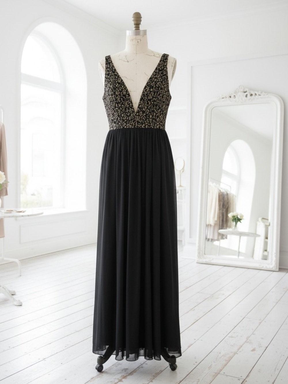 RENN Vintage Black & Metallic Gold Stretch Maxi Party Dress Sheer Overlay Size S